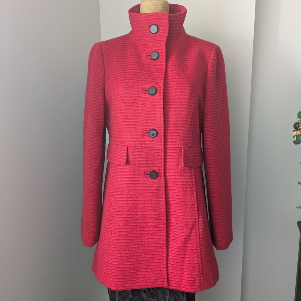 Ann Taylor Loft Red Women's Coat Button Front Side Pockets And Decorative Flaps